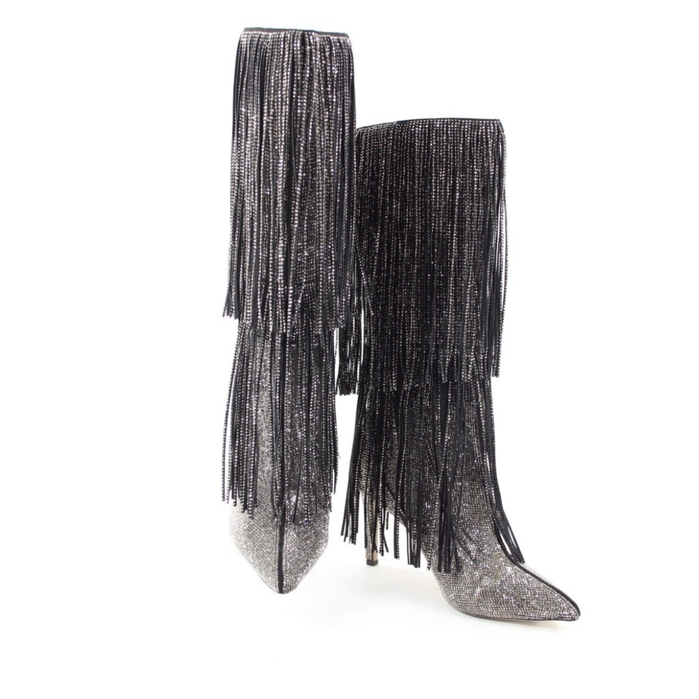 NWOB INC Ishani Bling Rhinestones Beaded Fringe Stiletto Boots